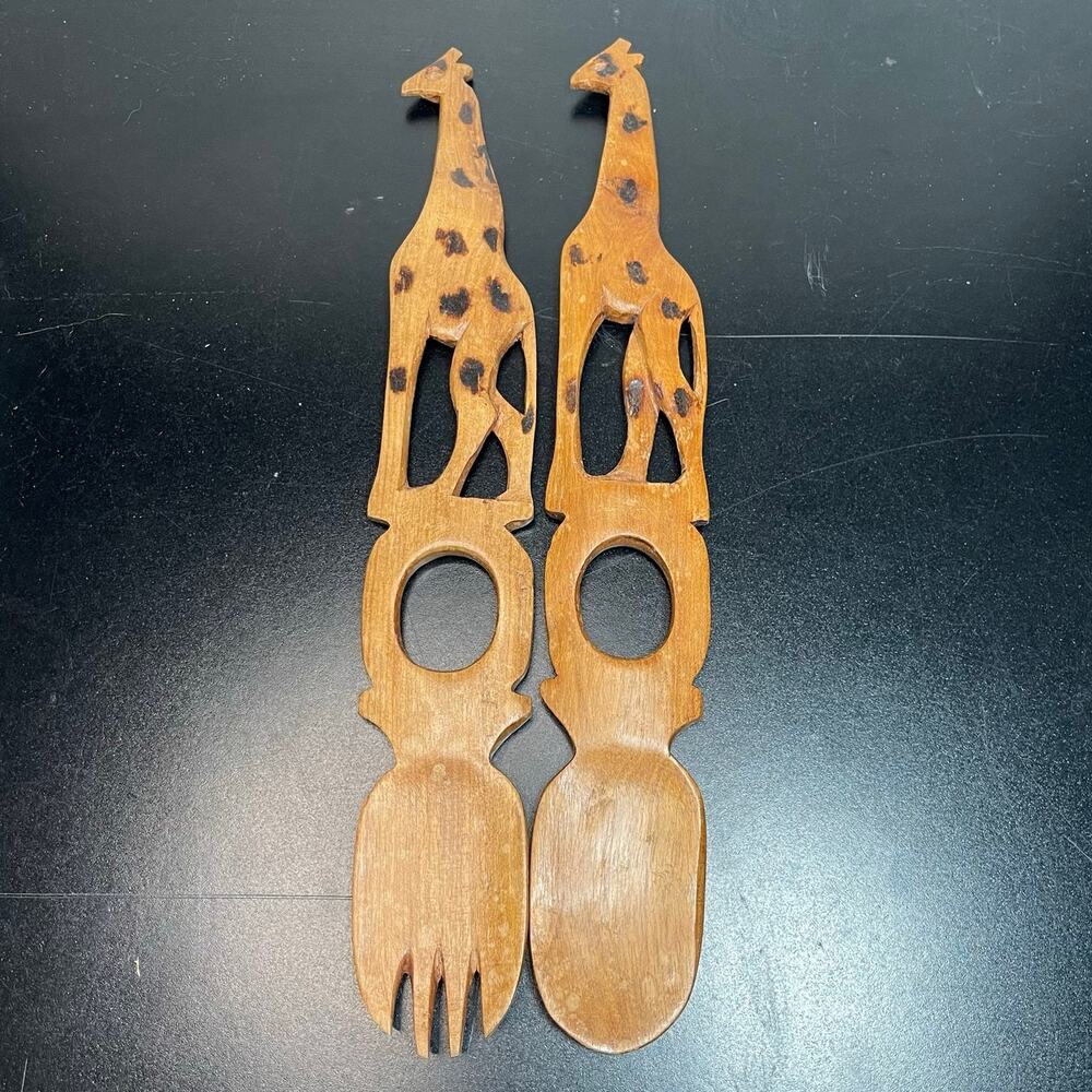 Vintage Hand Carved Wooden Giraffe Salad Spoon & Fork Set 11.25"